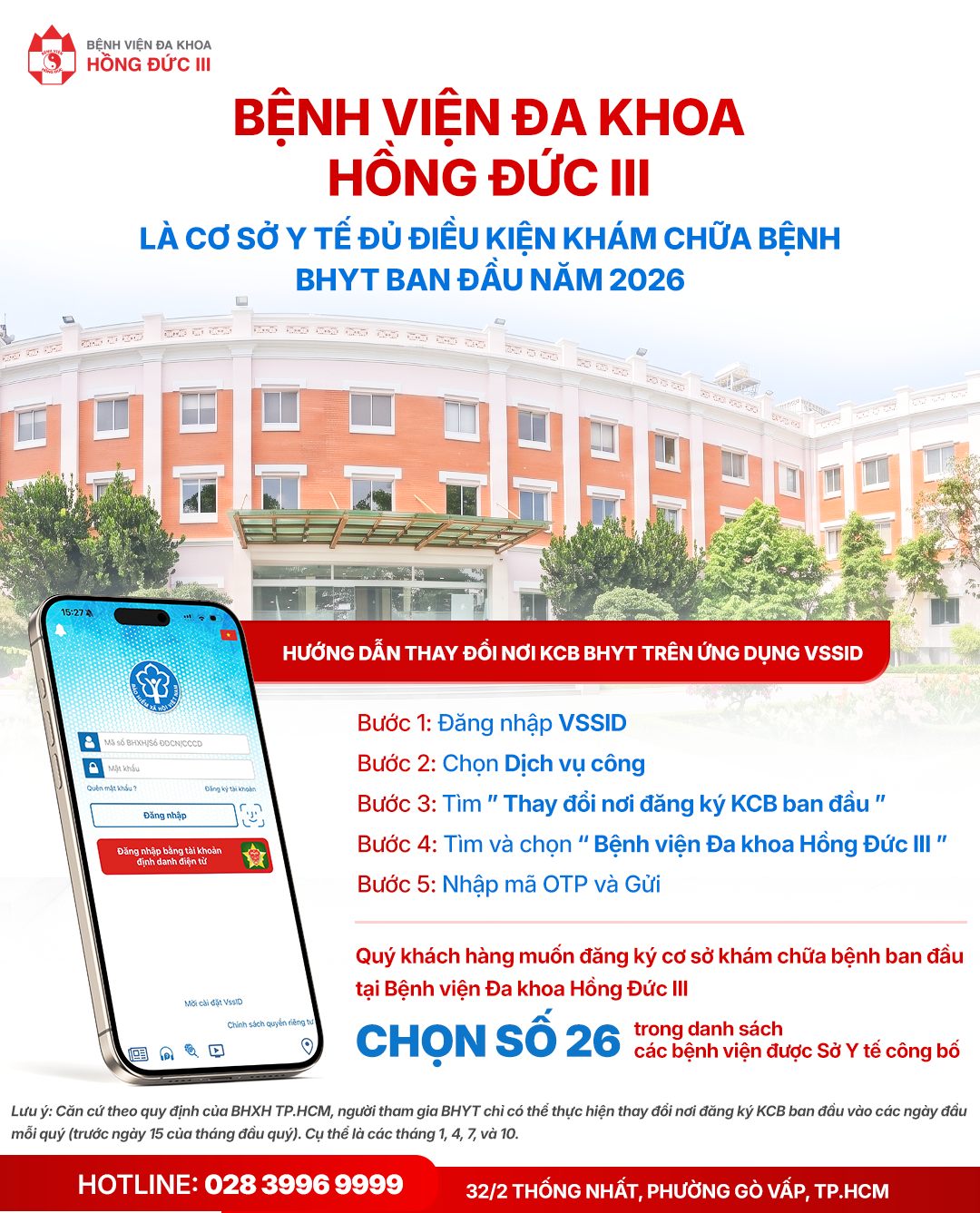 Bệnh viện Đa khoa Hồng Đức III là cơ sở y tế đủ điều kiện khám chữa bệnh BHYT ban đầu năm 2026